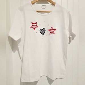 Haband Women's White Short Sleeve Shirt Red/White/Blue  Embroidered Stars